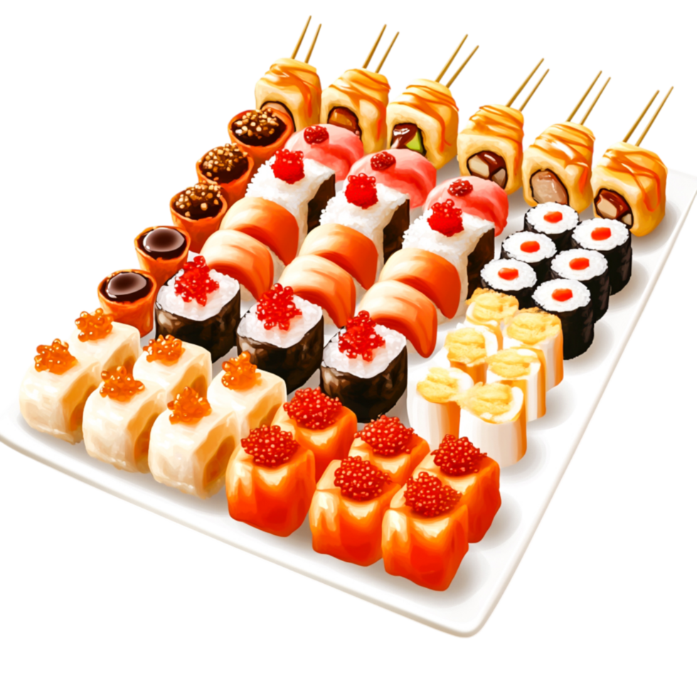 Colorful Assortment of Sushi Rolls and Delicacies White Plate png