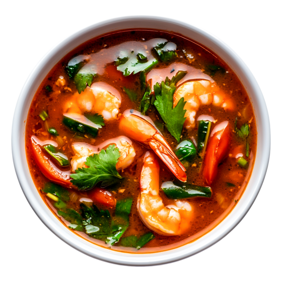 Delicious Shrimp Soup with Fresh Herbs and Colorful Vegetables in Bowl png