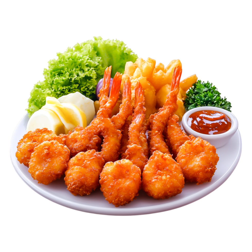 Crispy Fried Shrimp with Fresh Greens and Dipping Sauce on Plate png