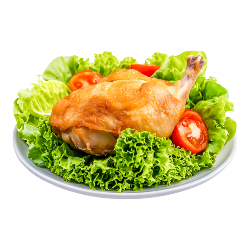 Crispy Roasted Chicken Leg on Fresh Green Lettuce with Cherry Tomatoes png