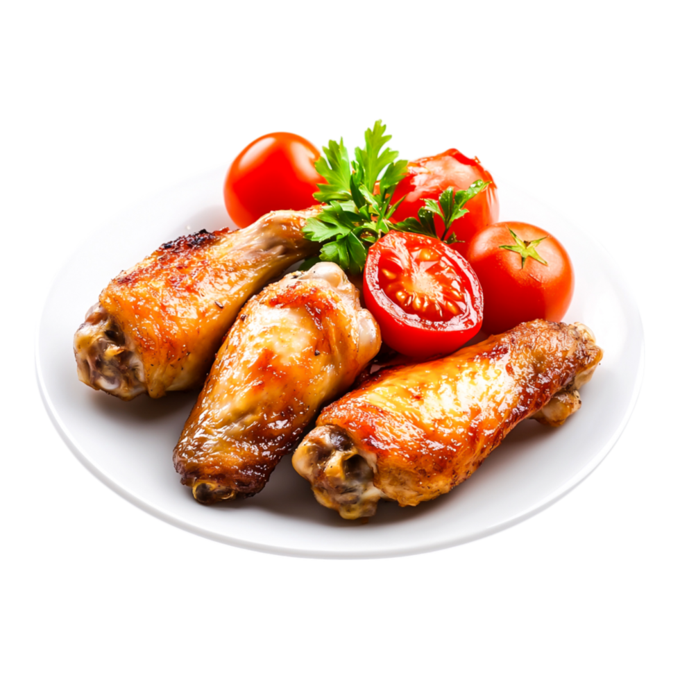 Juicy Grilled Chicken Wings with Fresh Tomatoes and Herbs on White Plate png
