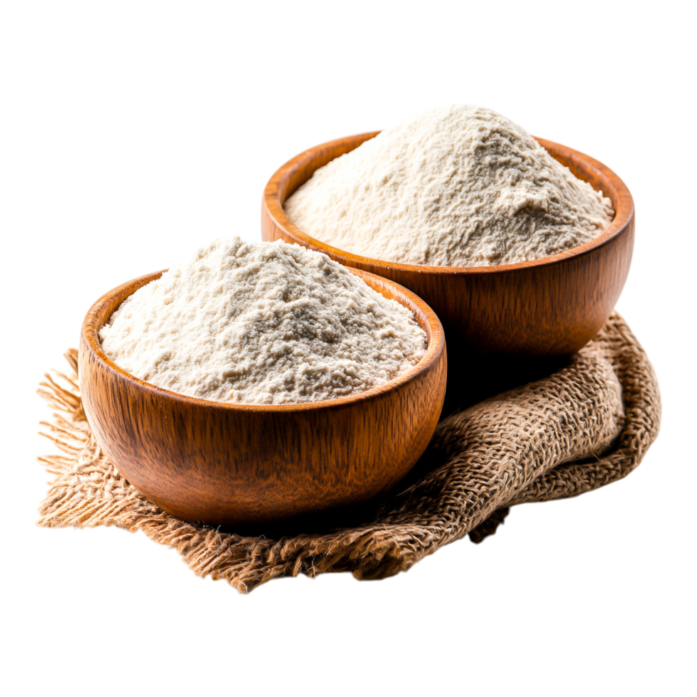 Two Wooden Bowls Filled with White Flour on Natural Fabric Background png