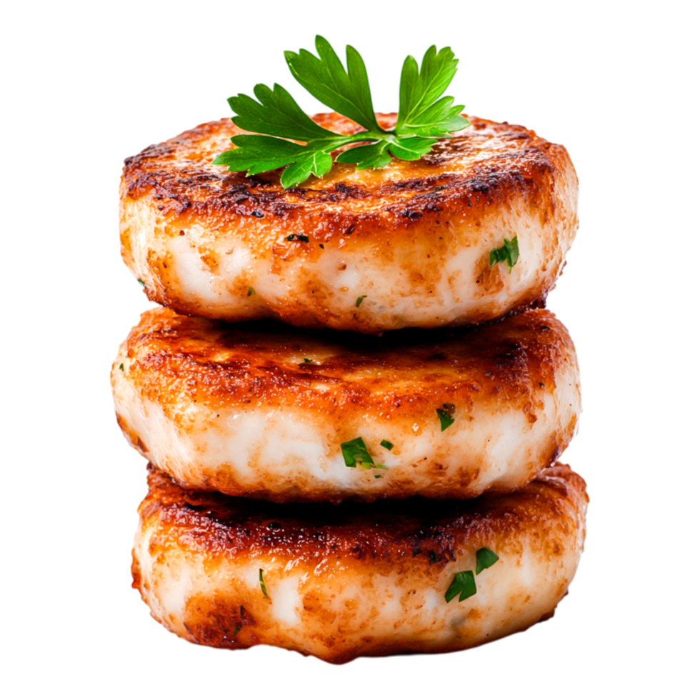 Delicious Golden Brown Fish Cakes Stacked on Each Other with Fresh Garnish png