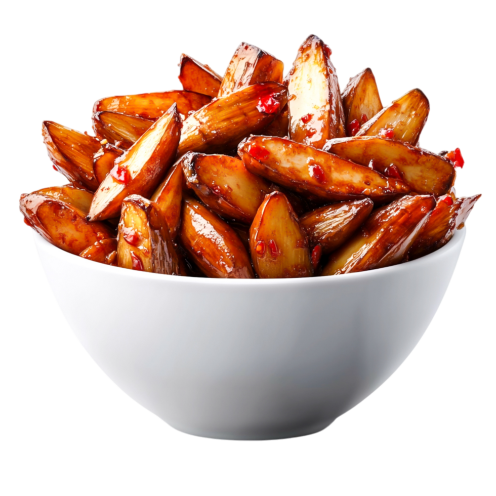 Delicious Spicy Glazed Potato Wedges in a White Bowl Full of Flavor png