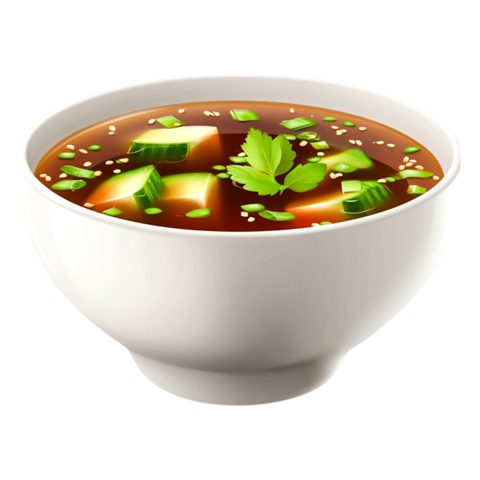 Fresh Delicious Bowl of Soup with Tofu, Greens, and Garnish on Top png