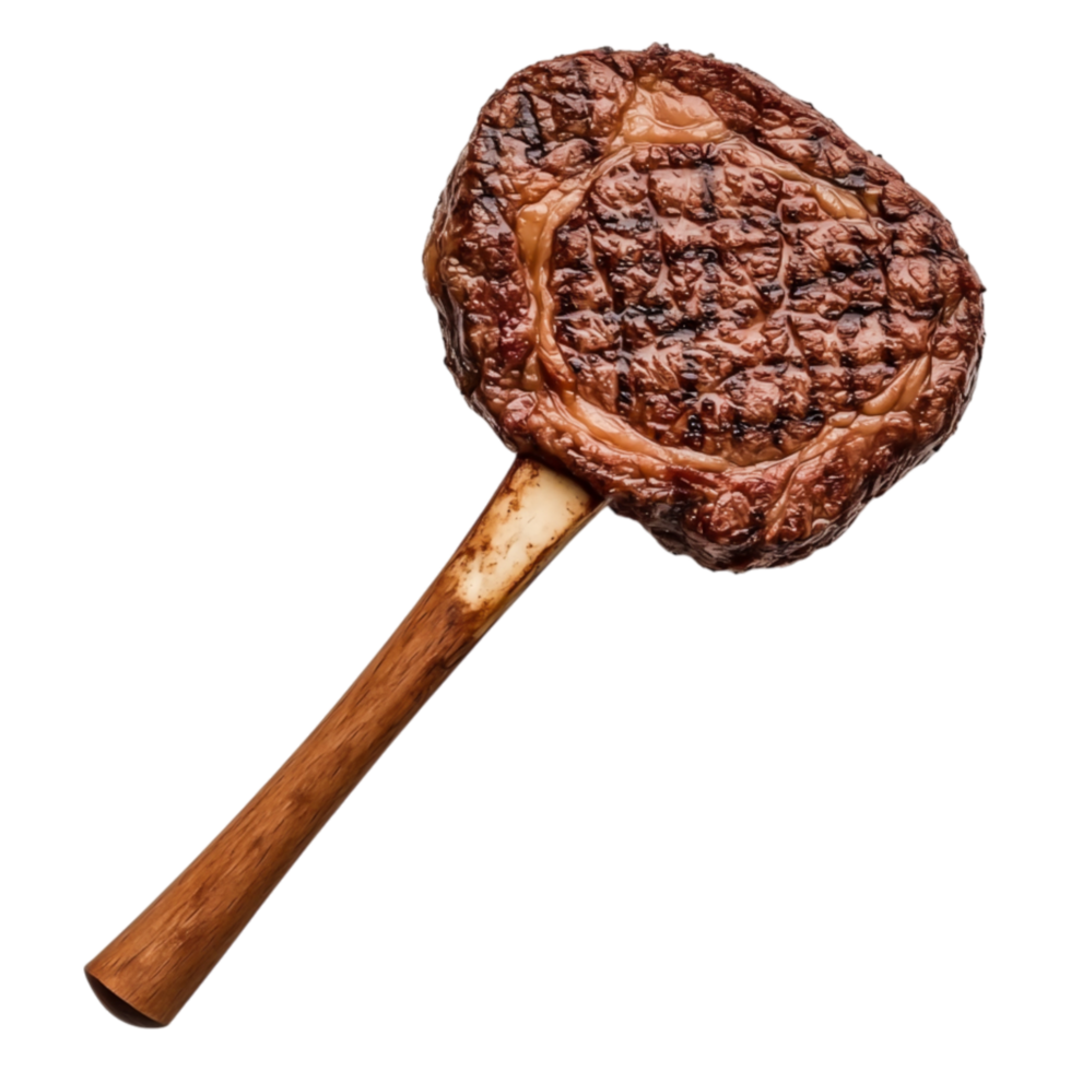 Juicy Grilled Steak with Perfect Grill Marks on Wooden Handle Fork png