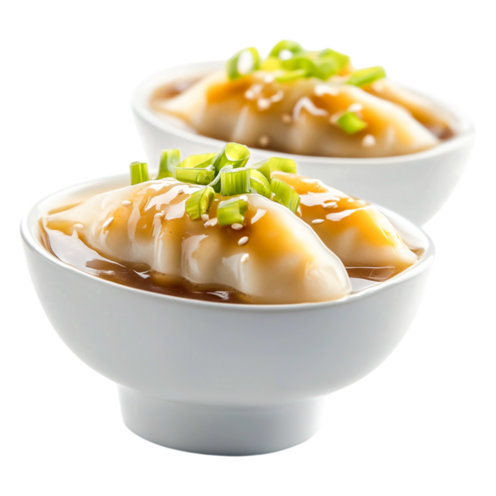 Delicious Dumplings in Soy Sauce with Green Onions in White Bowls png