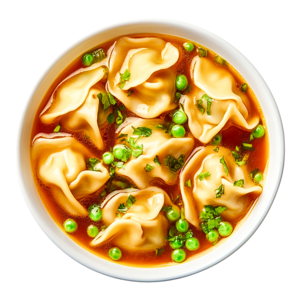 Delicious Chicken Dumplings in Savory Broth with Fresh Herbs and Peas png