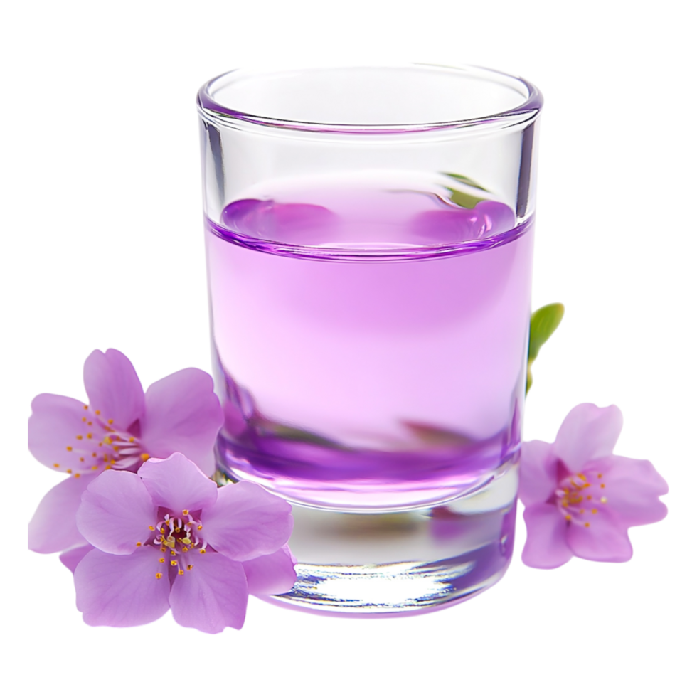 Glass of Purple Drink Surrounded by Fresh Pink Flowers on png