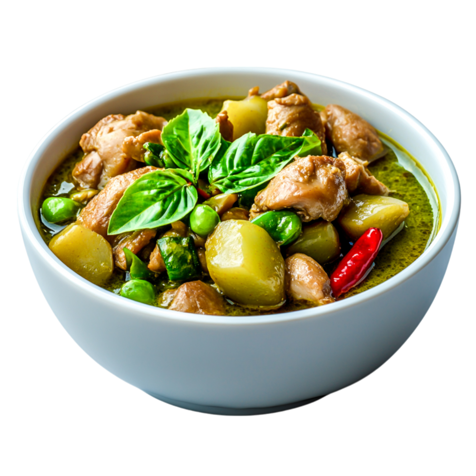 Delicious Green Curry with Chicken and Fresh Vegetables in Bowl png