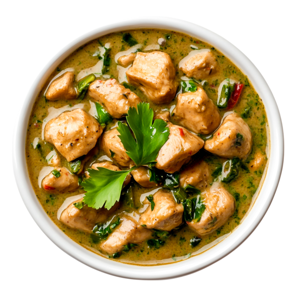 Delicious Chicken Curry with Herbs and Spices in White Bowl png