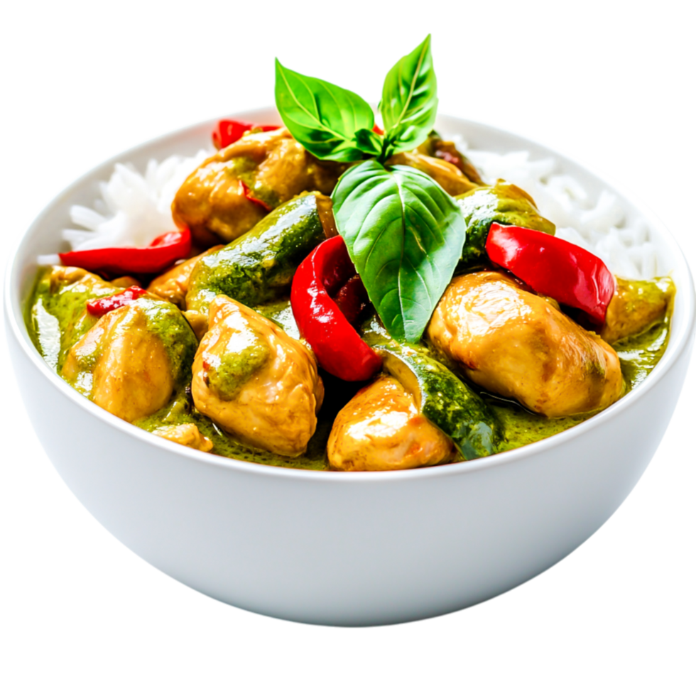 Delicious Chicken Curry with Fresh Basil and Red Peppers in White Bowl png