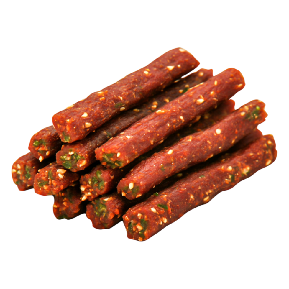 Savory Meat Snack Sticks with Green Herbs and Spicy Flavor for Snacking png