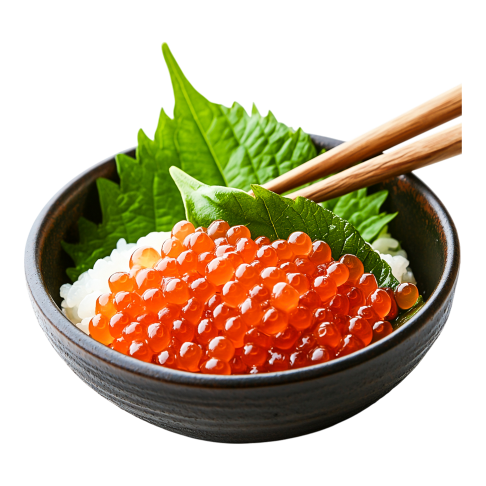 Fresh Salmon Roe Sushi with Rice and Green Garnish in a Bowl png