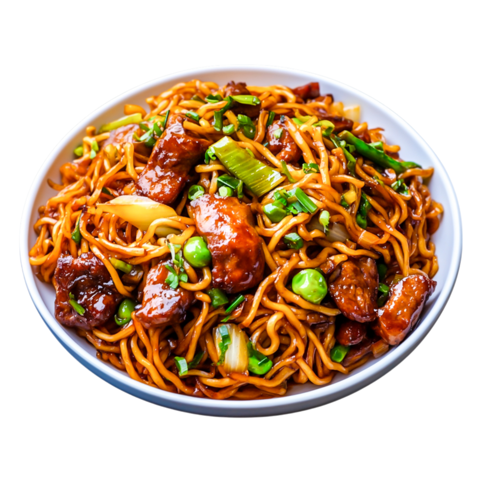 Delicious Stir-Fried Noodles with Chicken and Vegetables in a Bowl png