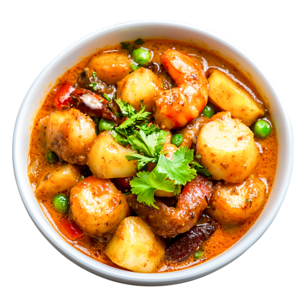 Delicious Seafood Curry with Vegetables and Tender Potatoes in Bowl png