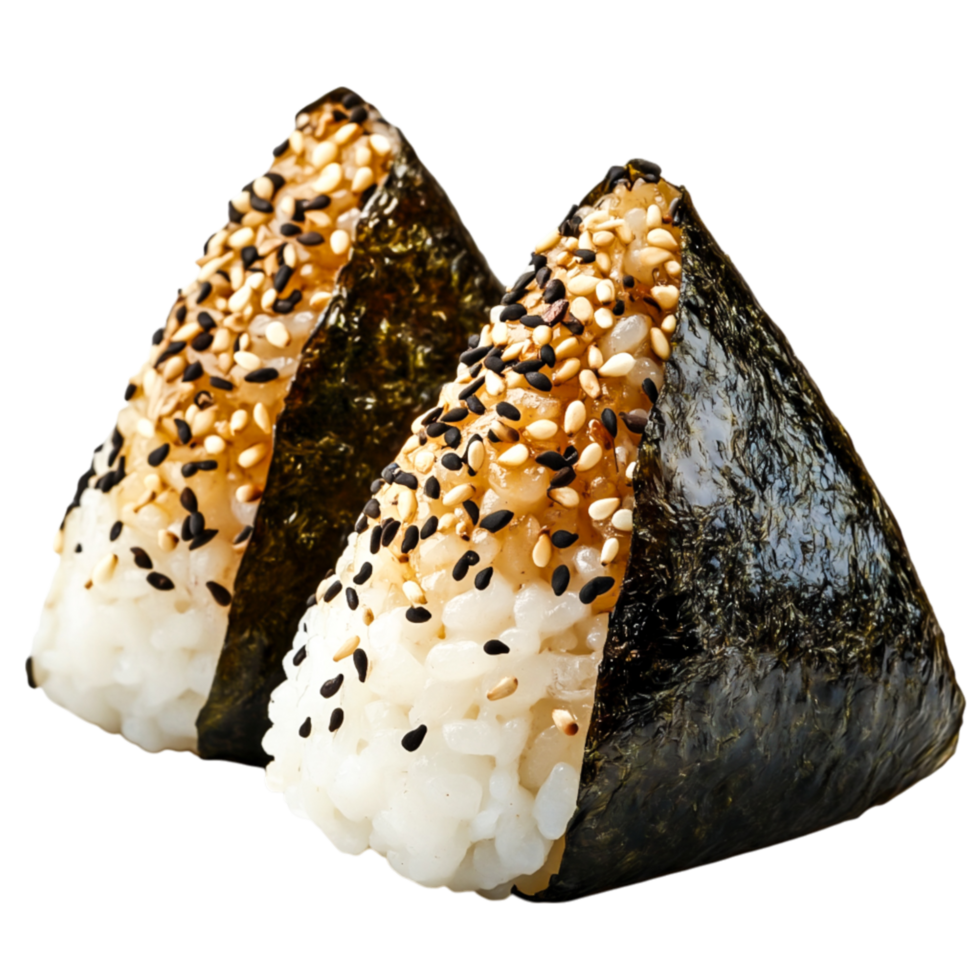 Delicious Japanese Onigiri Rice Balls with Sesame Seeds and Seaweed png