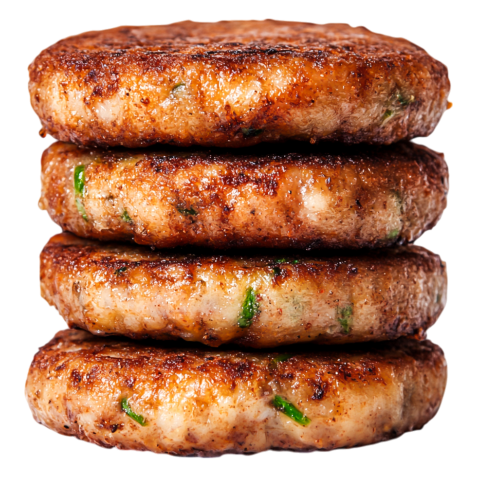 Delicious Grilled Patties Stacked on Each Other with Fresh Ingredients png