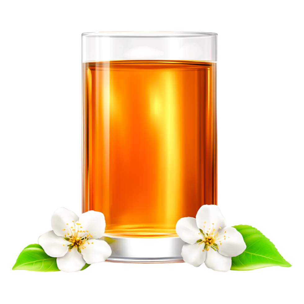 Refreshing Beverage in Transparent Glass Surrounded by Jasmine Flowers png