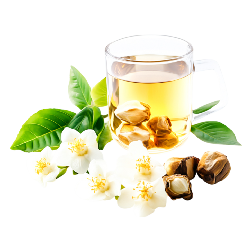 Herbal Tea with Jasmine Flowers and Leaves in Clear Glass Cup png