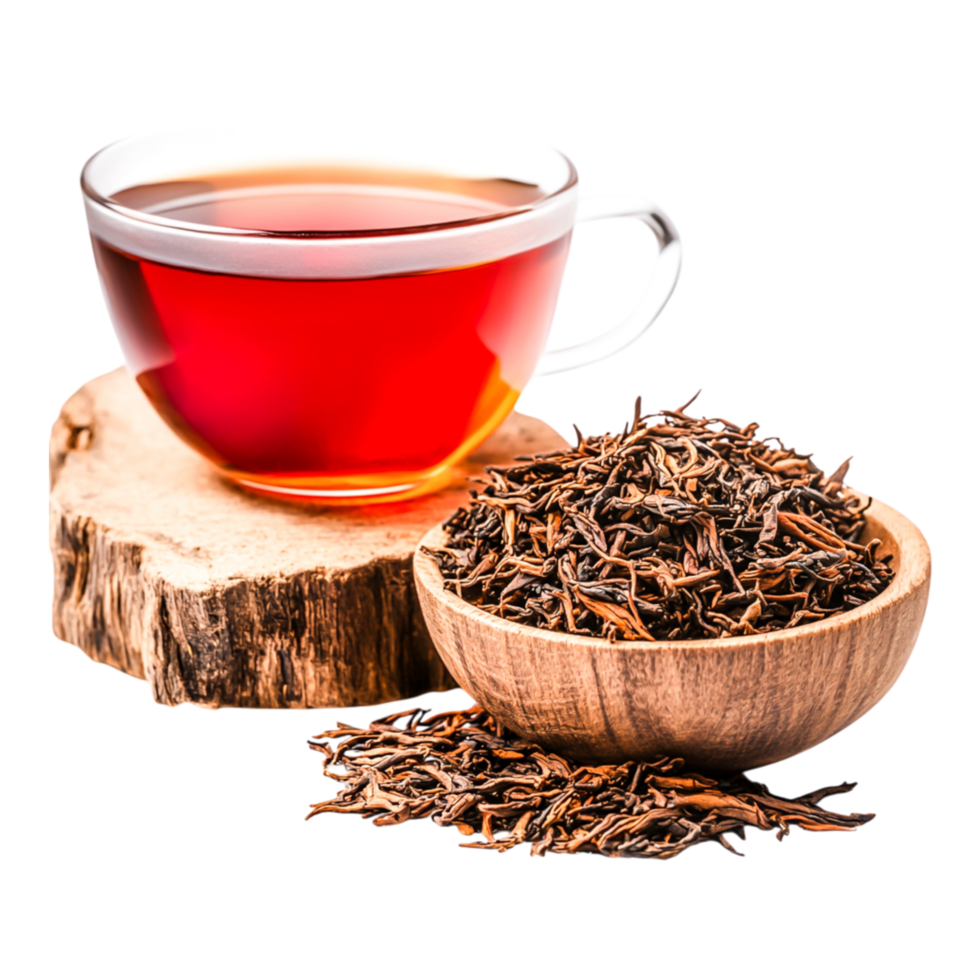 Freshly Brewed Tea with Loose Leaves on Wooden Surface and Teacup png