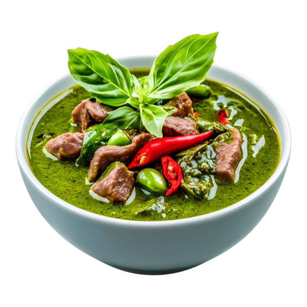 Delicious Green Curry with Tender Meat and Fresh Basil Garnish png