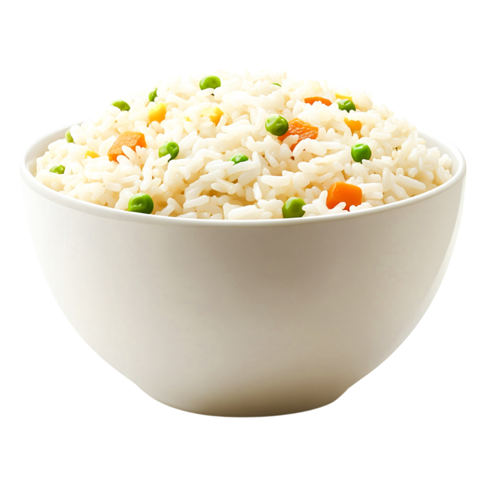 Bowl of Fluffy Rice Grains with Green Peas and Carrots Garnish png