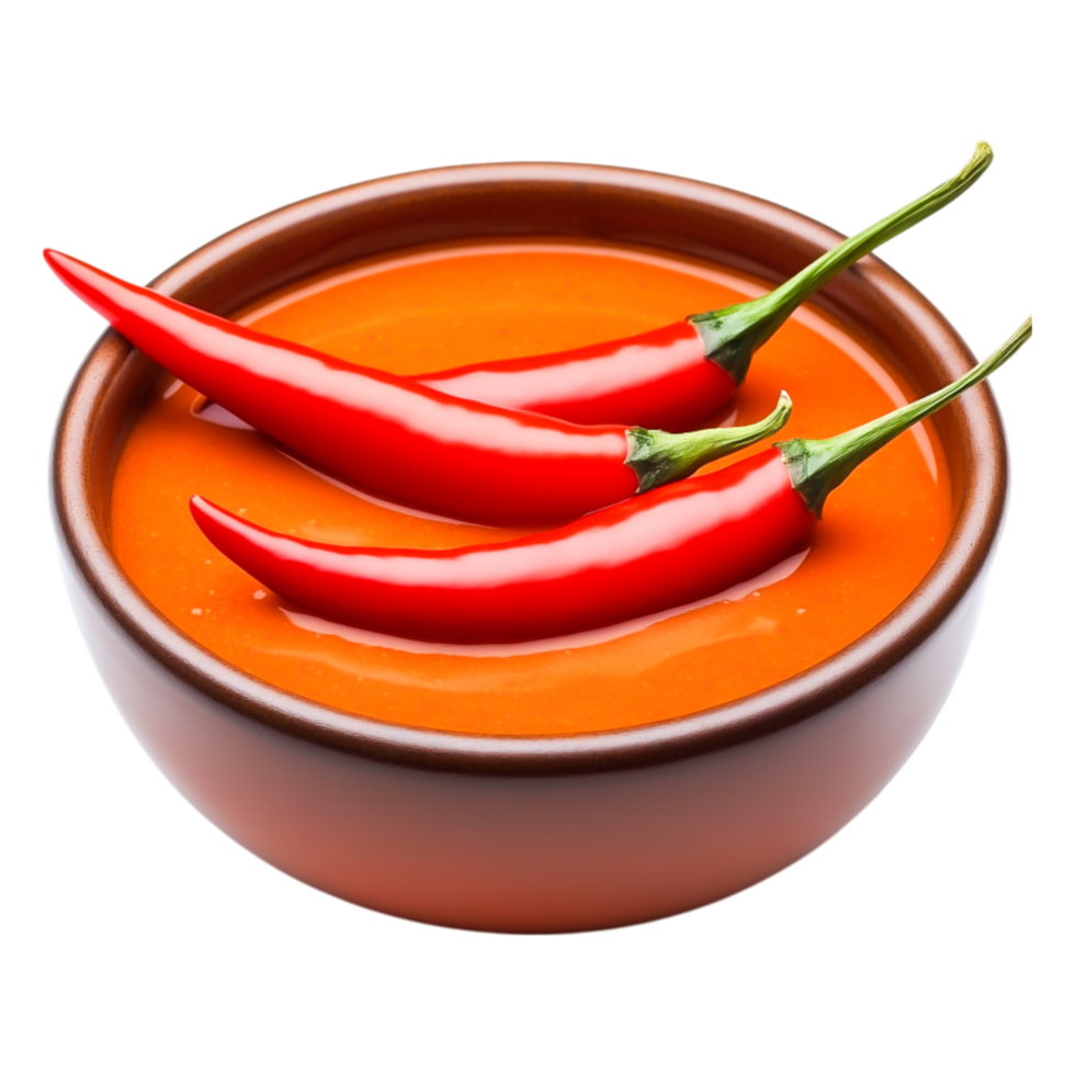 Red Chili Peppers in Spicy Sauce Wooden Surface in a Brown Bowl png