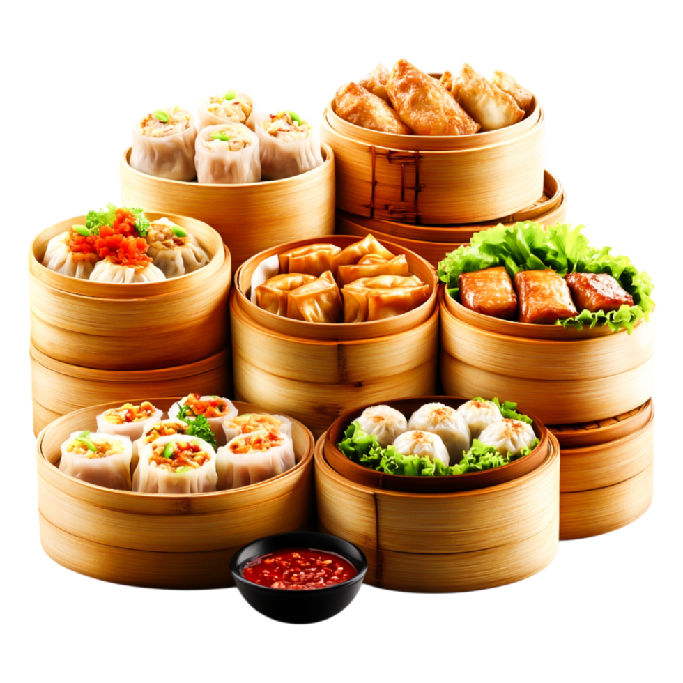 Delicious Assortment of Dim Sum in Bamboo Steamer Baskets with Sauce png