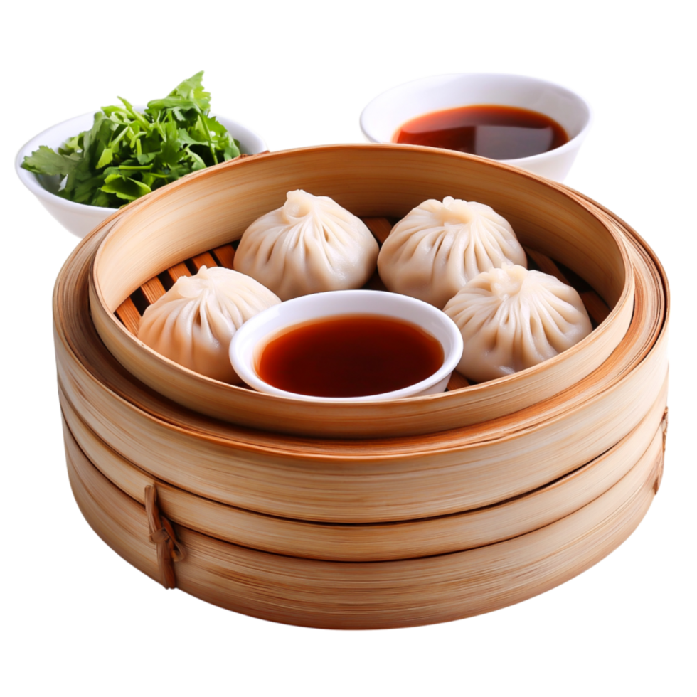 Delicious Chinese Dumplings in Bamboo Steamer with Dipping Sauce and Herbs png