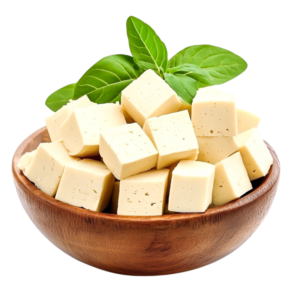 Fresh Cubes of Tofu with Green Basil Leaves in Wooden Bowl for Cooking png