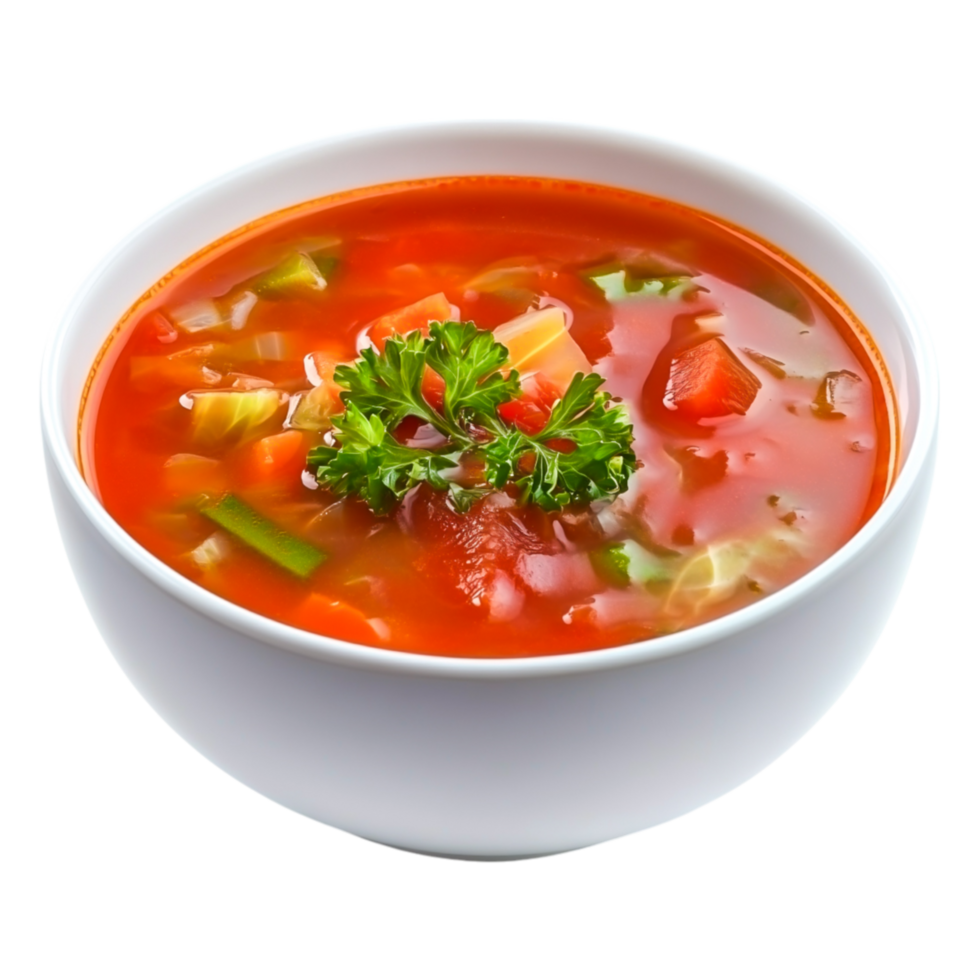 Fresh Vegetable Soup with Colorful Ingredients and Garnish in White Bowl png
