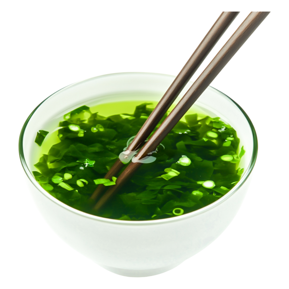 Fresh Seaweed Soup in White Bowl with Chopsticks Ready to Serve png