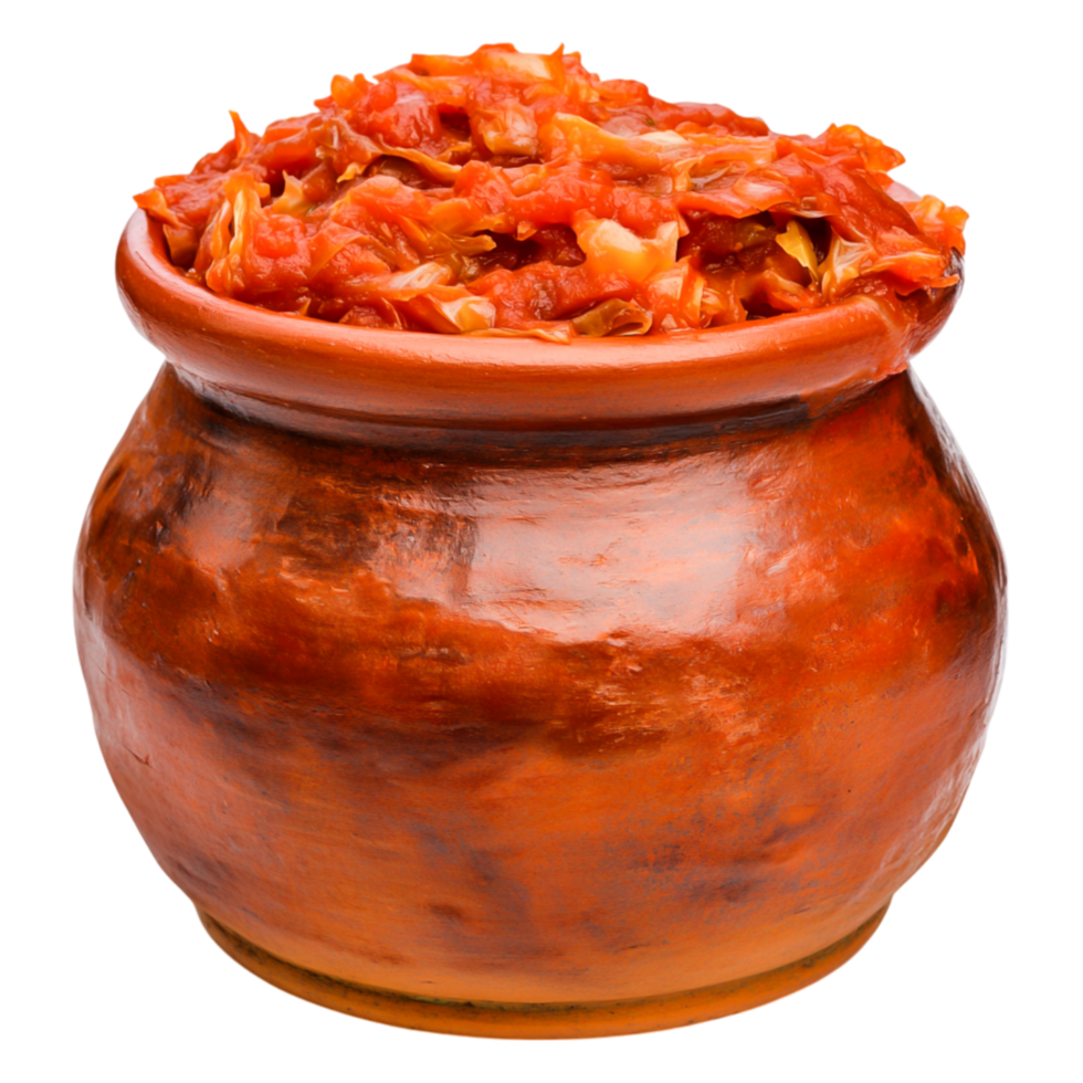Traditional Fermented Cabbage in Clay Pot with Rich Red Sauce and Vegetables png
