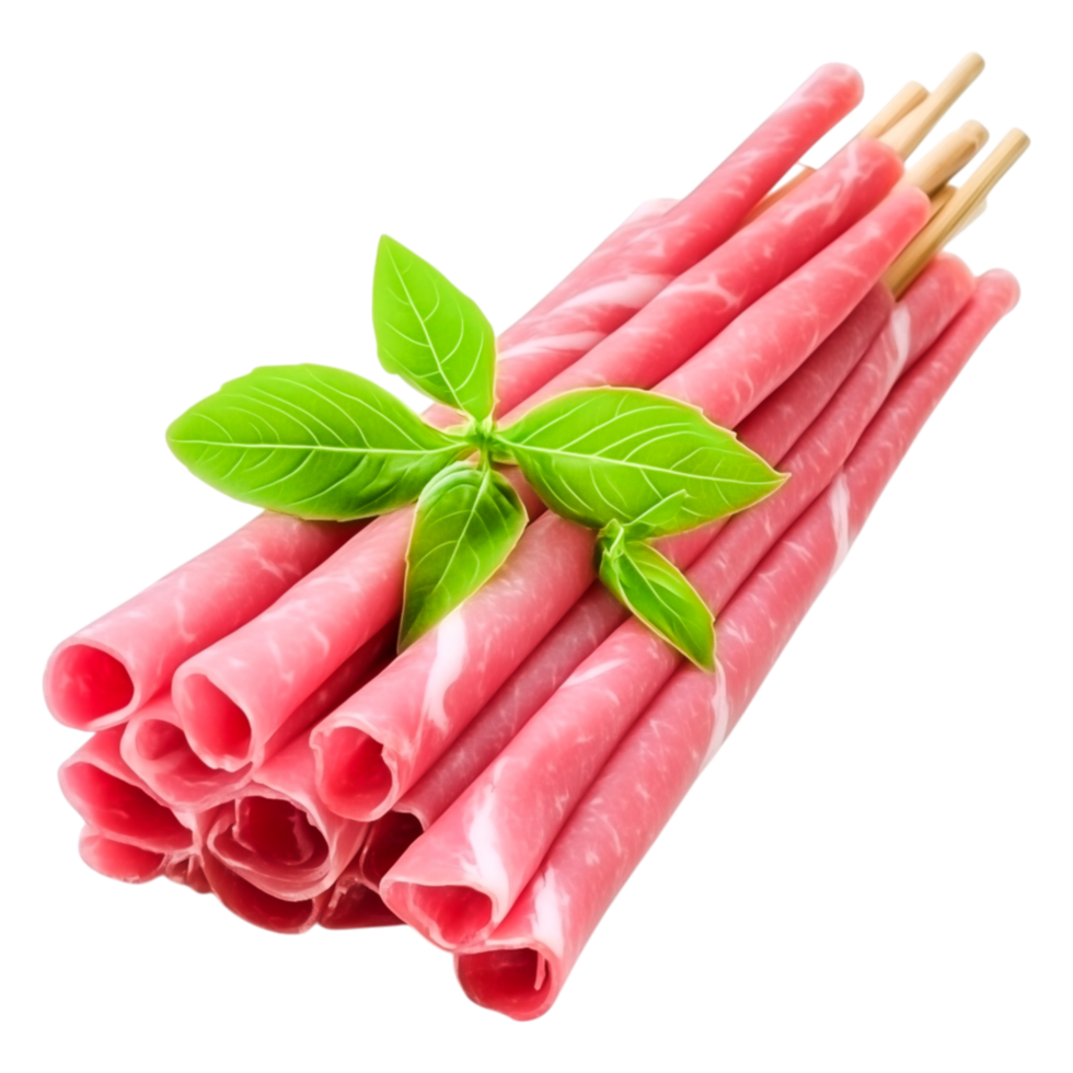 Fresh Rolled Deli Meat with Basil Leaves on png