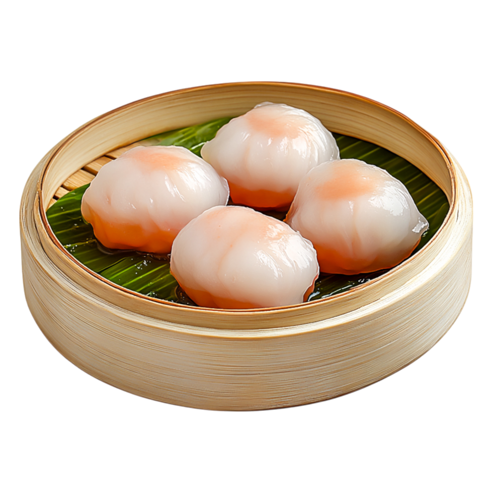 Freshly Steamed Dumplings in Bamboo Steamer on Green Banana Leaf png