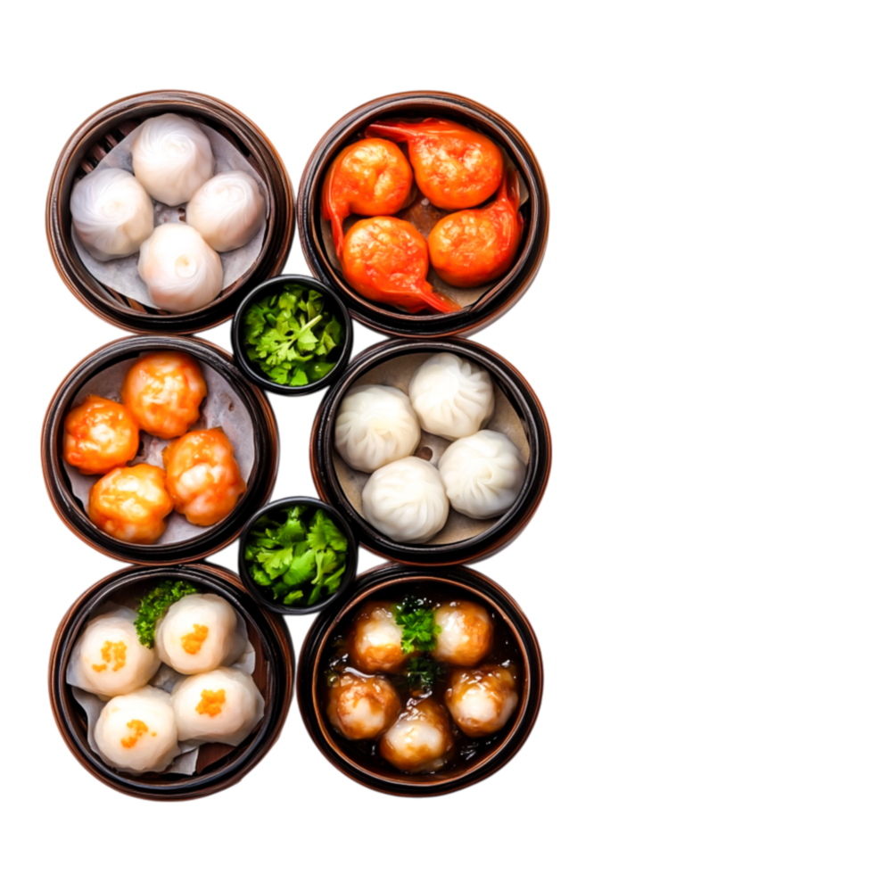 Assorted Dim Sum Platter with Dumplings, Buns, and Shrimp in Bowls png