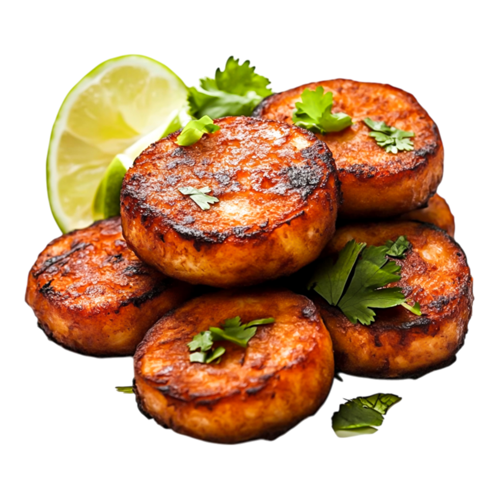 Deliciously Grilled Patties with Fresh Lime and Green Herbs Garnish png