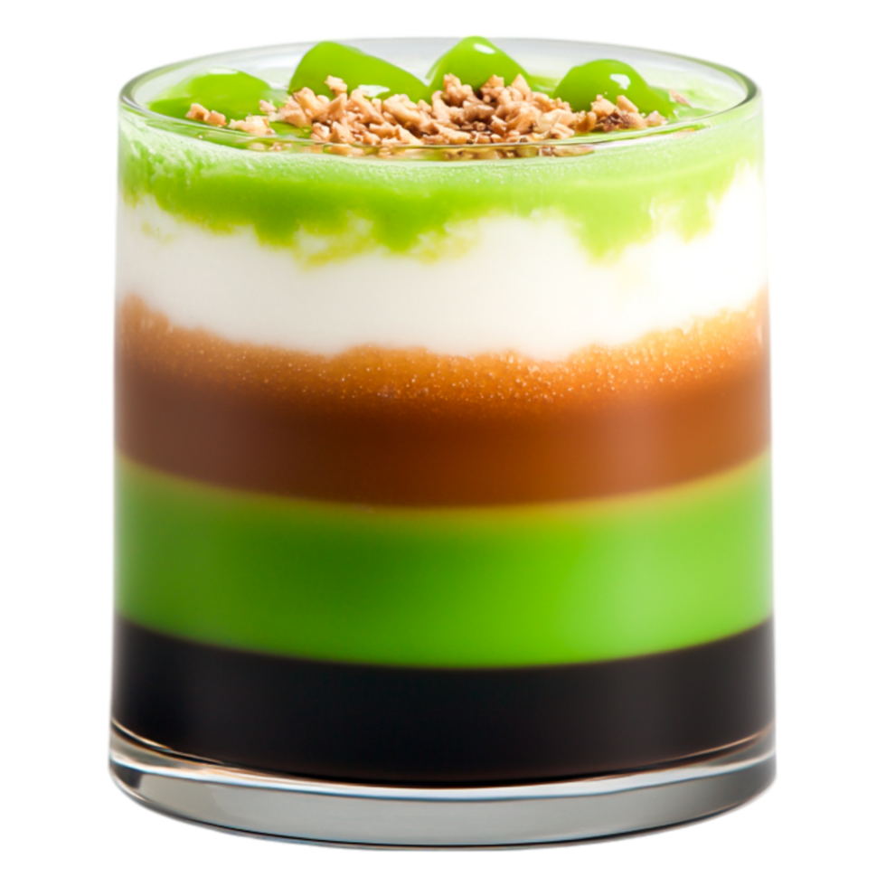 Colorful Layered Dessert with Cream, Nuts, and Green Toppings in Glass Cup png