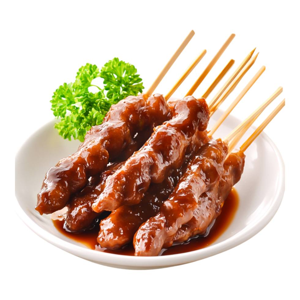 Grilled Chicken Skewers with Sweet Sauce and Fresh Green Garnish png