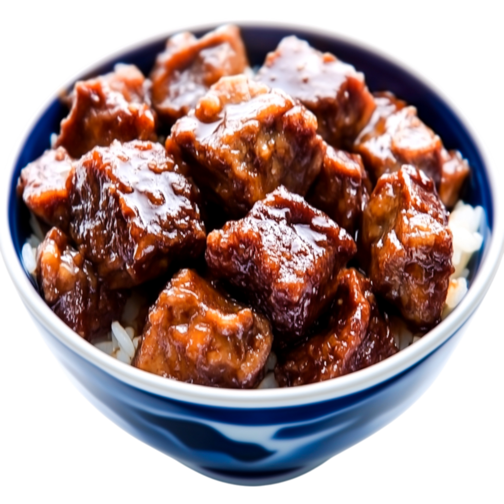 Delicious Tender Beef in Savory Sauce with Rice in Elegant Blue Bowl png