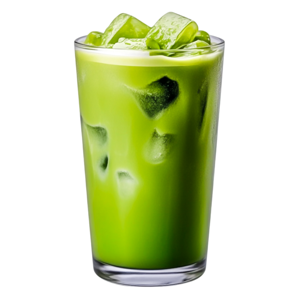 Refreshing Green Beverage with Ice Cubes in Clear Glass on png