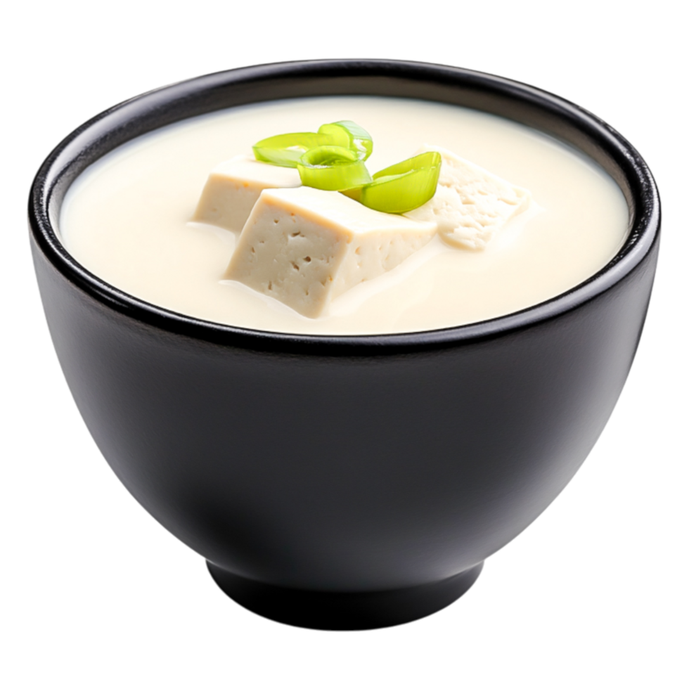 Creamy Silken Tofu Soup Garnished with Green Onions in Black Bowl png