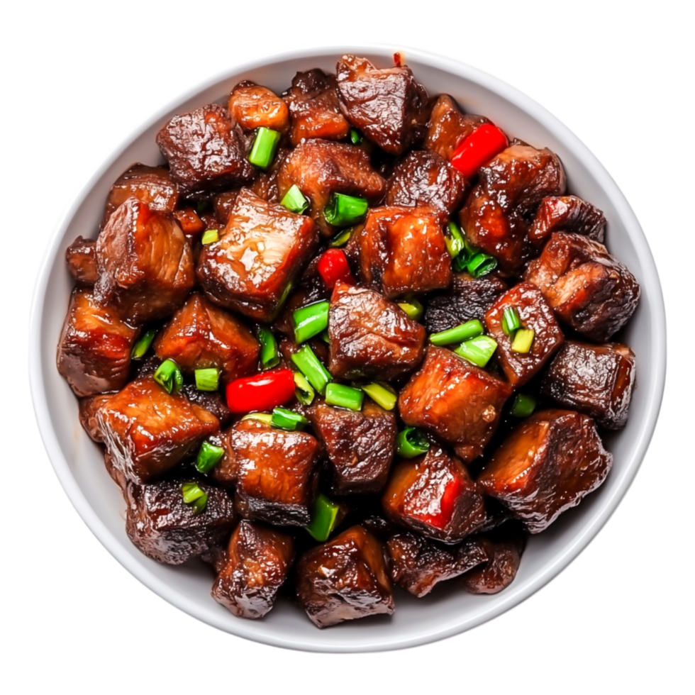 Savory Stir-fried Beef Cubes with Green Onind Red Pepper Garnish png