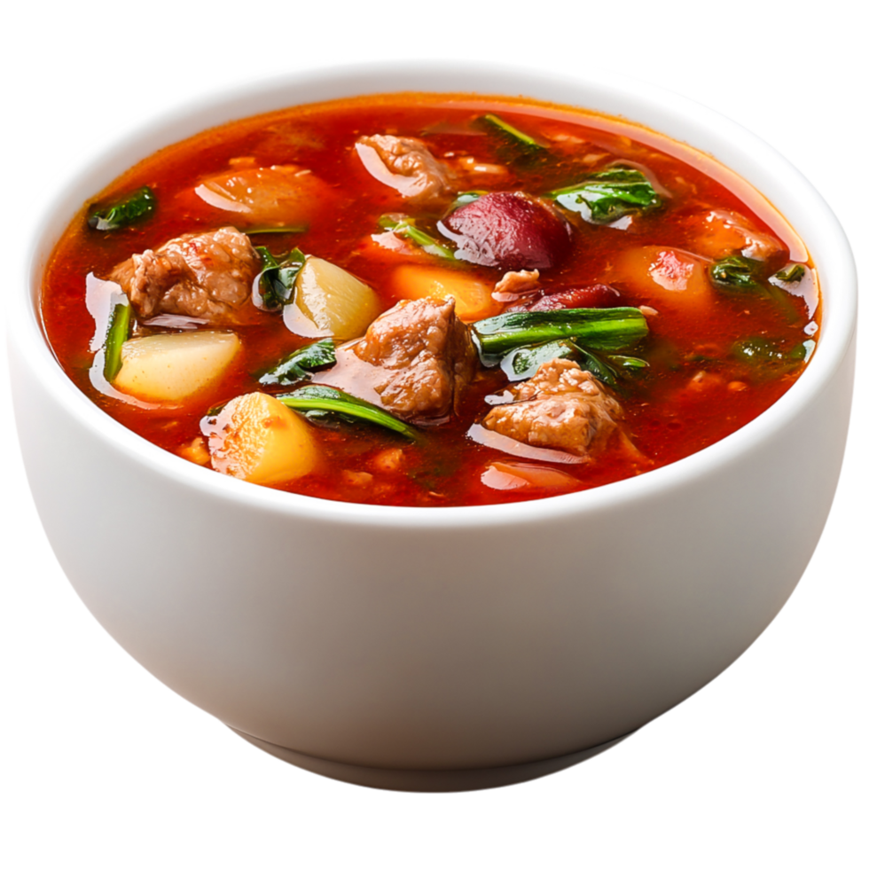 Delicious and Hearty Vegetable and Meat Soup in White Bowl with Fresh Herbs png
