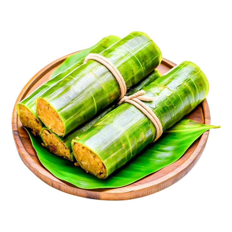 Steamed Rice Wrapped in Green Leaves on Wooden Plate with Tropical Accent png