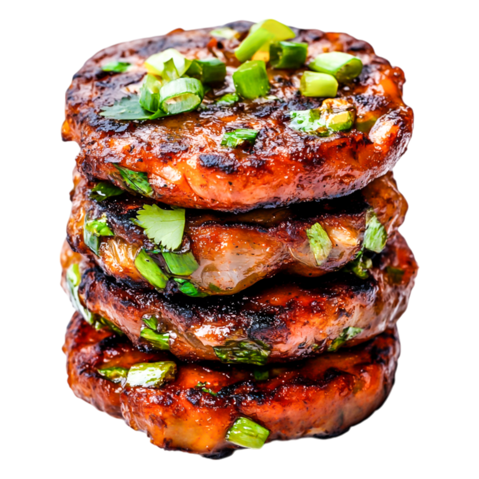 Grilled Pork Patties with Green Onions and Herb Garnish on png