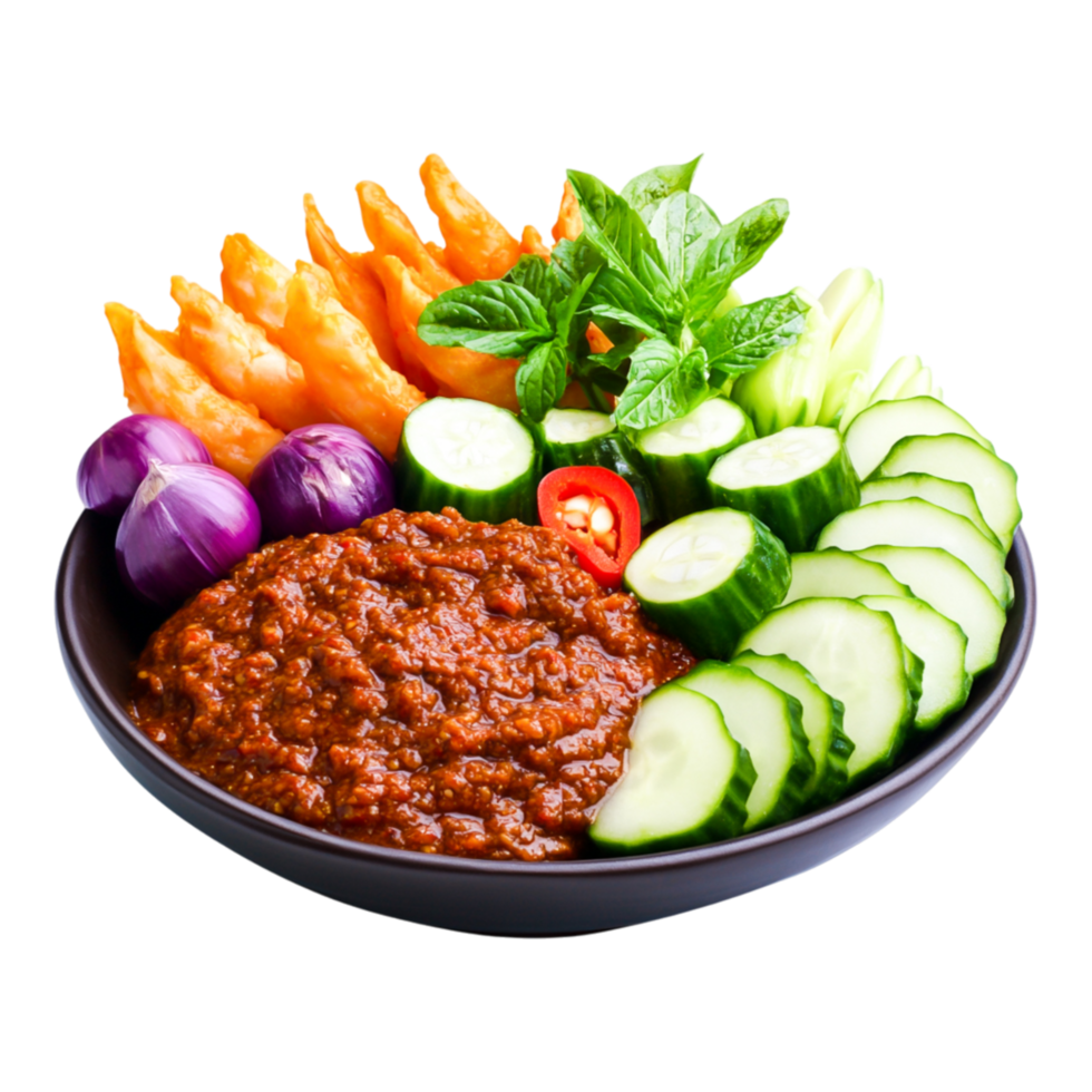 Colorful Traditional Dish with Spicy Sauce, Fresh Vegetables and Snacks png