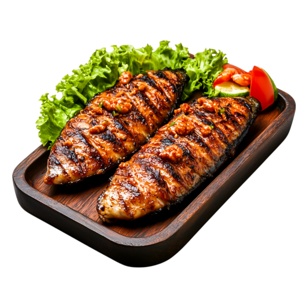 Grilled Fish Fillets with Herbs and Spices Served on Wooden Platter png