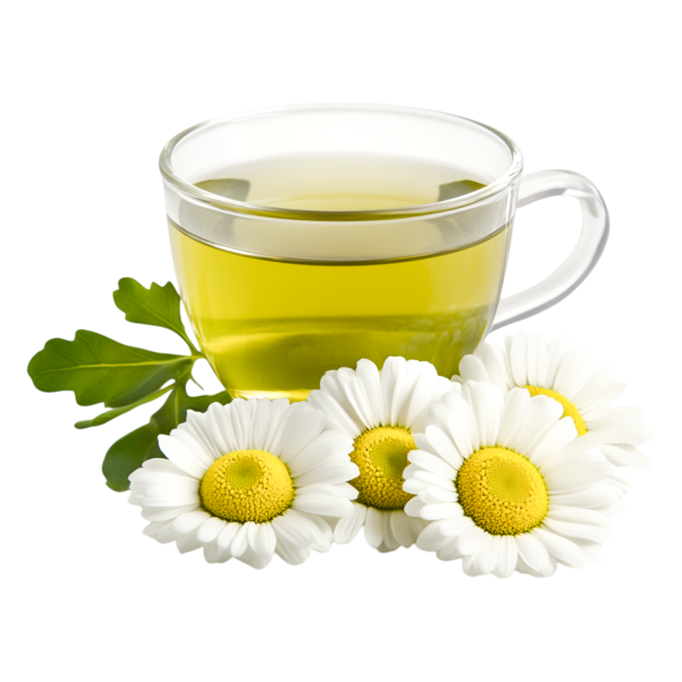 Fresh Herbal Tea with Daisies and Green Leaves in a Glass Cup png